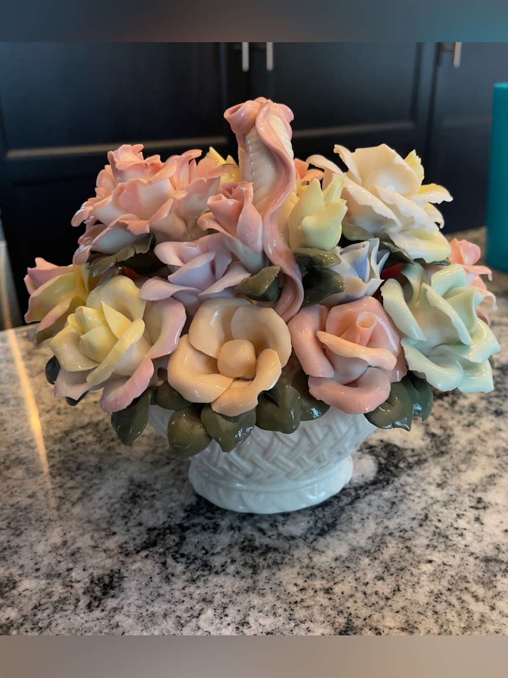 Vintage Capodimonte Porcelain
Weaved Flower Basket With White Pink Bow Handle
